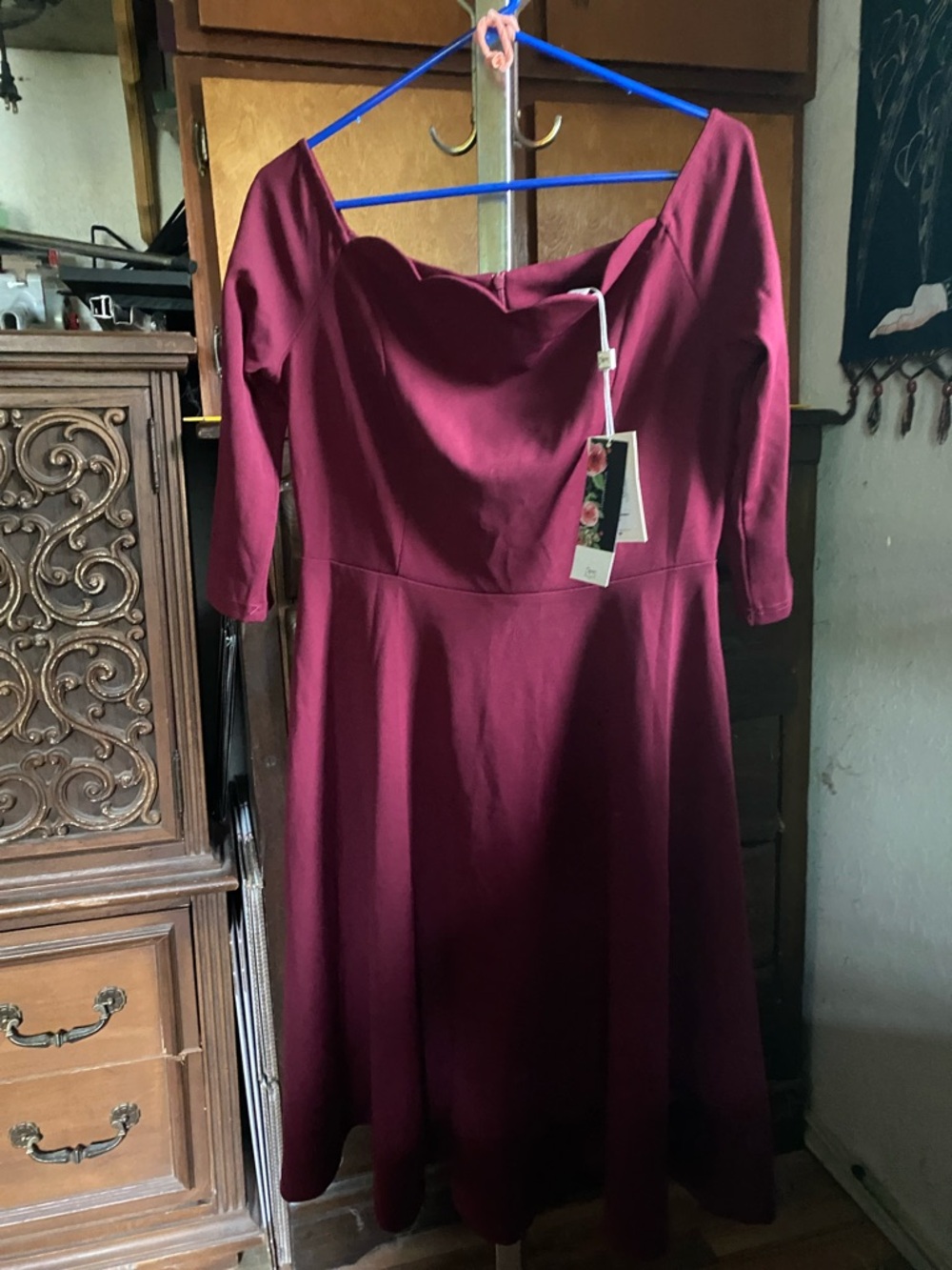 Long-Sleeve Fit & Flare Dress in Deep Wine
